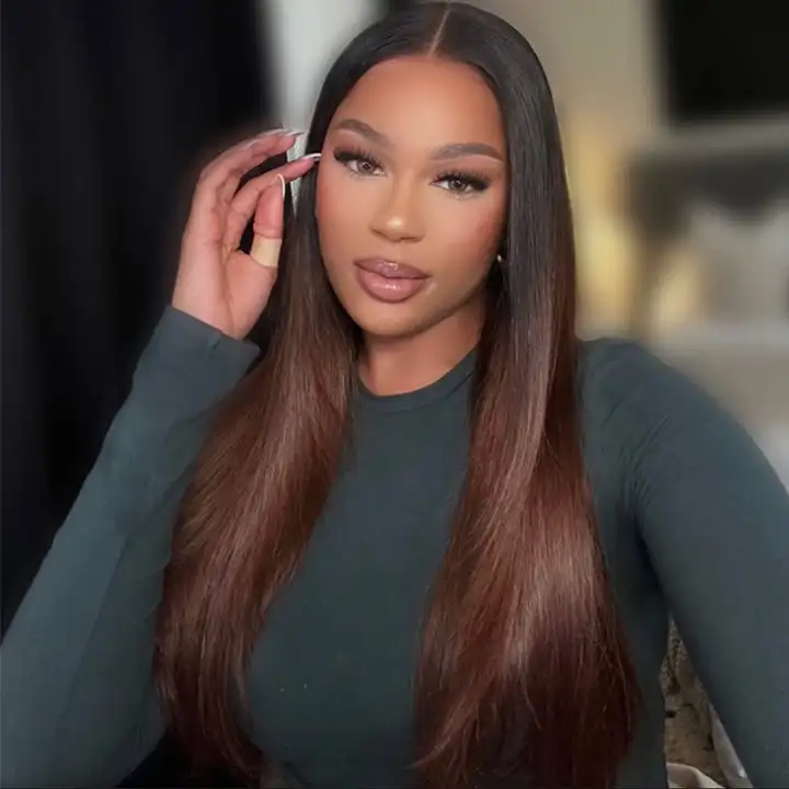 Pre Cut Lace Ombre Chocolate Brown Hair Straight 13x4 Lace Front Wig Glueless Human Hair Wig