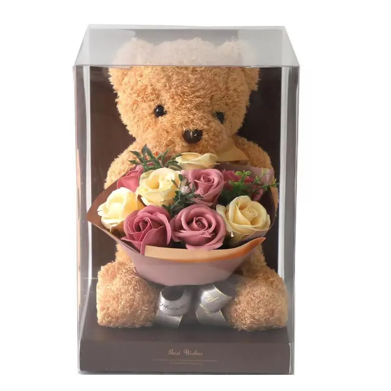 QUICK SHIPPING CLEAR PVC PET PLASTIC LUXURY ROSE TEDDY BEAR  FOR VALENTINE DAY