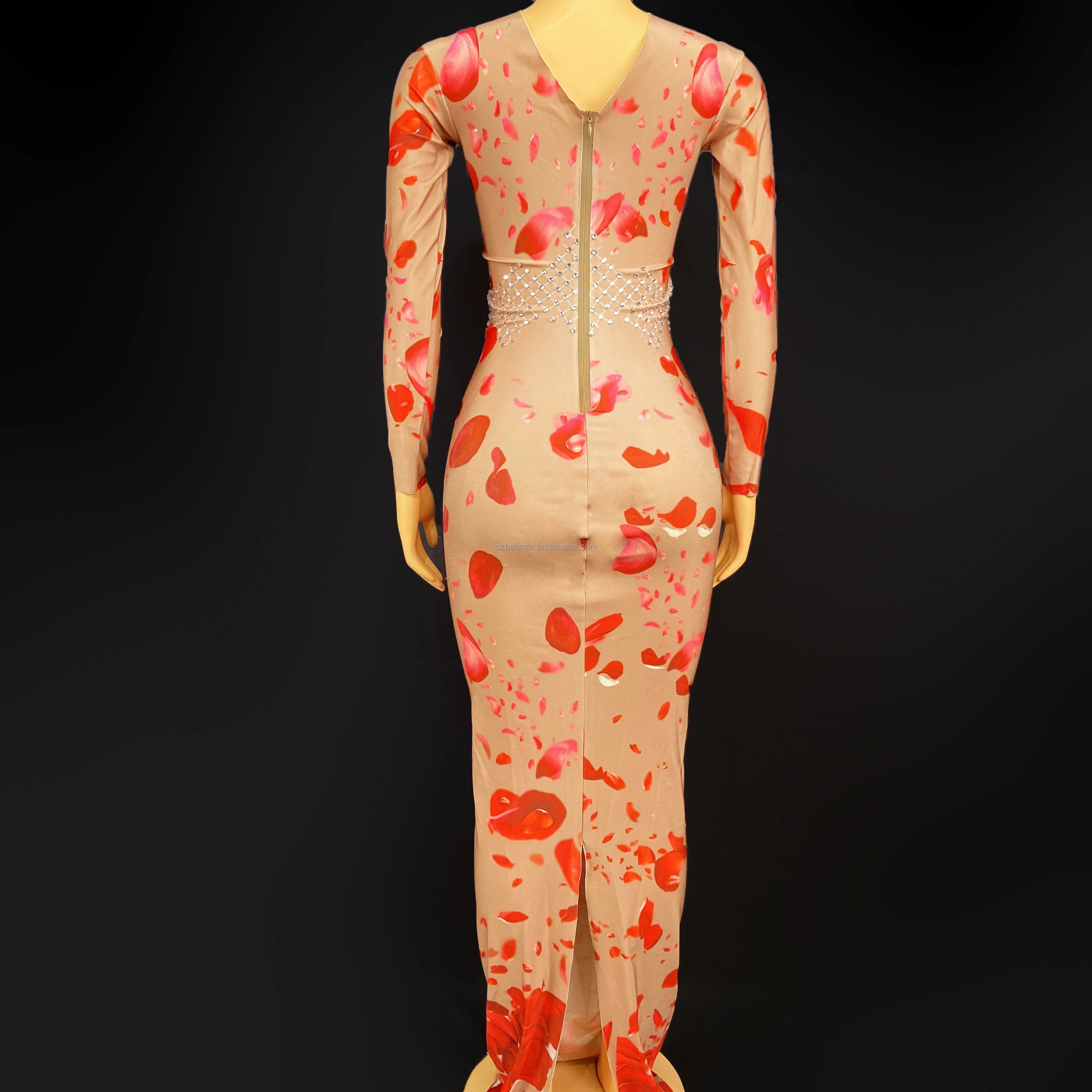 Sexy Red Multi-color Flowers Long Dress Women Dancer Performance Stretch Stage Costume Outfit Evening Prom Party Dress