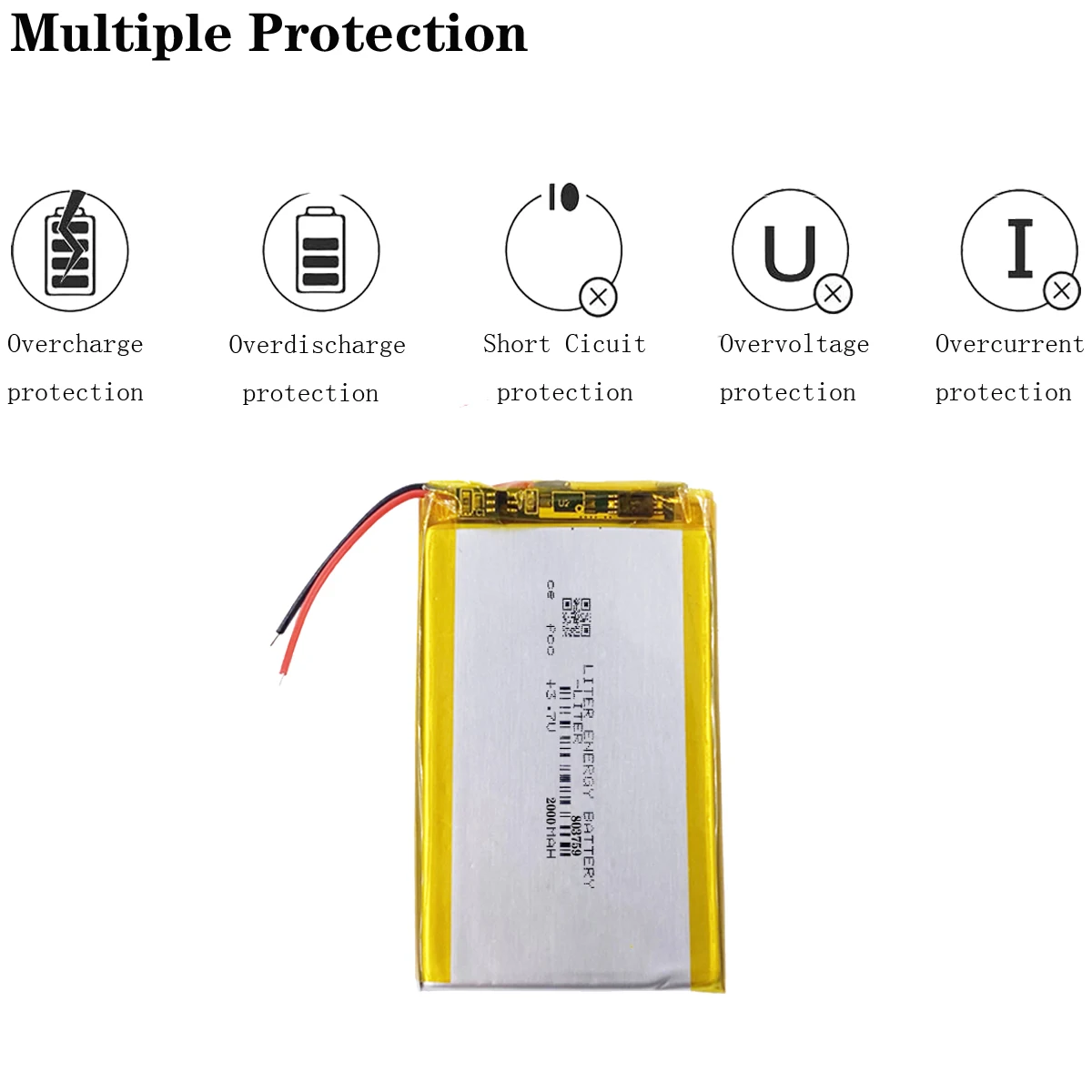 803759 3.7v 2000mah Rechargeable lithium polymer cells / battery with two lines