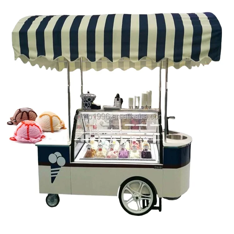 14 Trays Popular Street Application Gelato Cart Italian Ice Cream Push Cart with Wash Basin and Faucet Convenient Ice Cream Cart