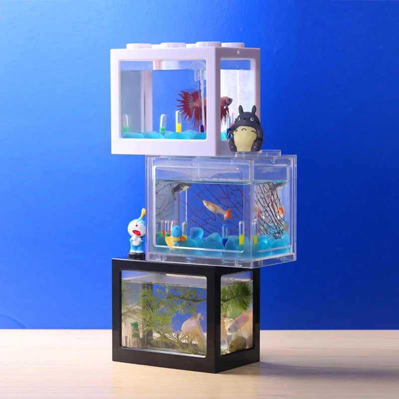 Mini Plastic Fish Tank Aquarium Desktop Decoration Small Building Blocks Fish Tank