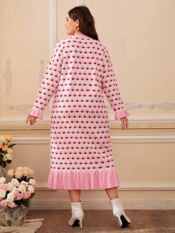 Женское платье-свитер с оборками на подоле, с принтом в виде сердца