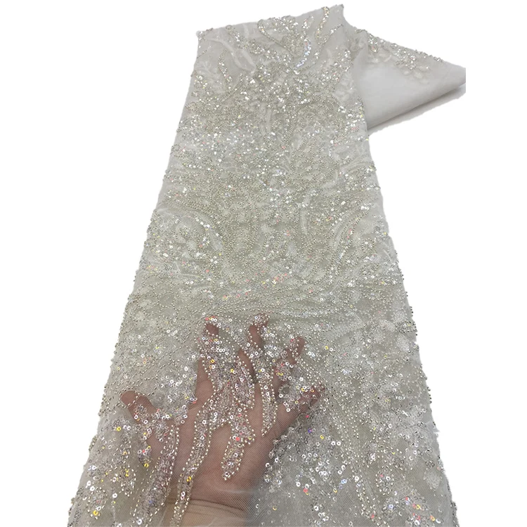 Glitter Beads Sequins Wedding Dress Bridal Gown Evening Fabric Beaded White Laces Fabrics for Dress