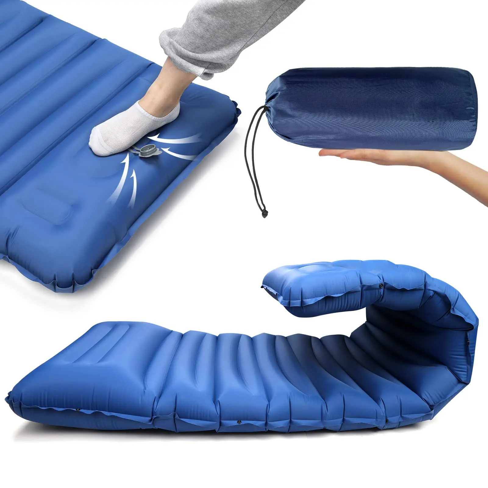 Sleeping Pad Camping Inflatable Foot Press Ultralight Extra Thick Camping Folding Sleeping Mat with Built-In Pump