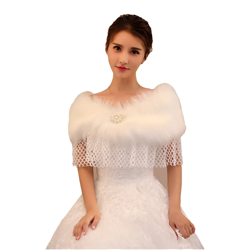 
Wholesale winter hot plush collar shawl mesh fabric tassel bridal imitation pearl buckle shawl 