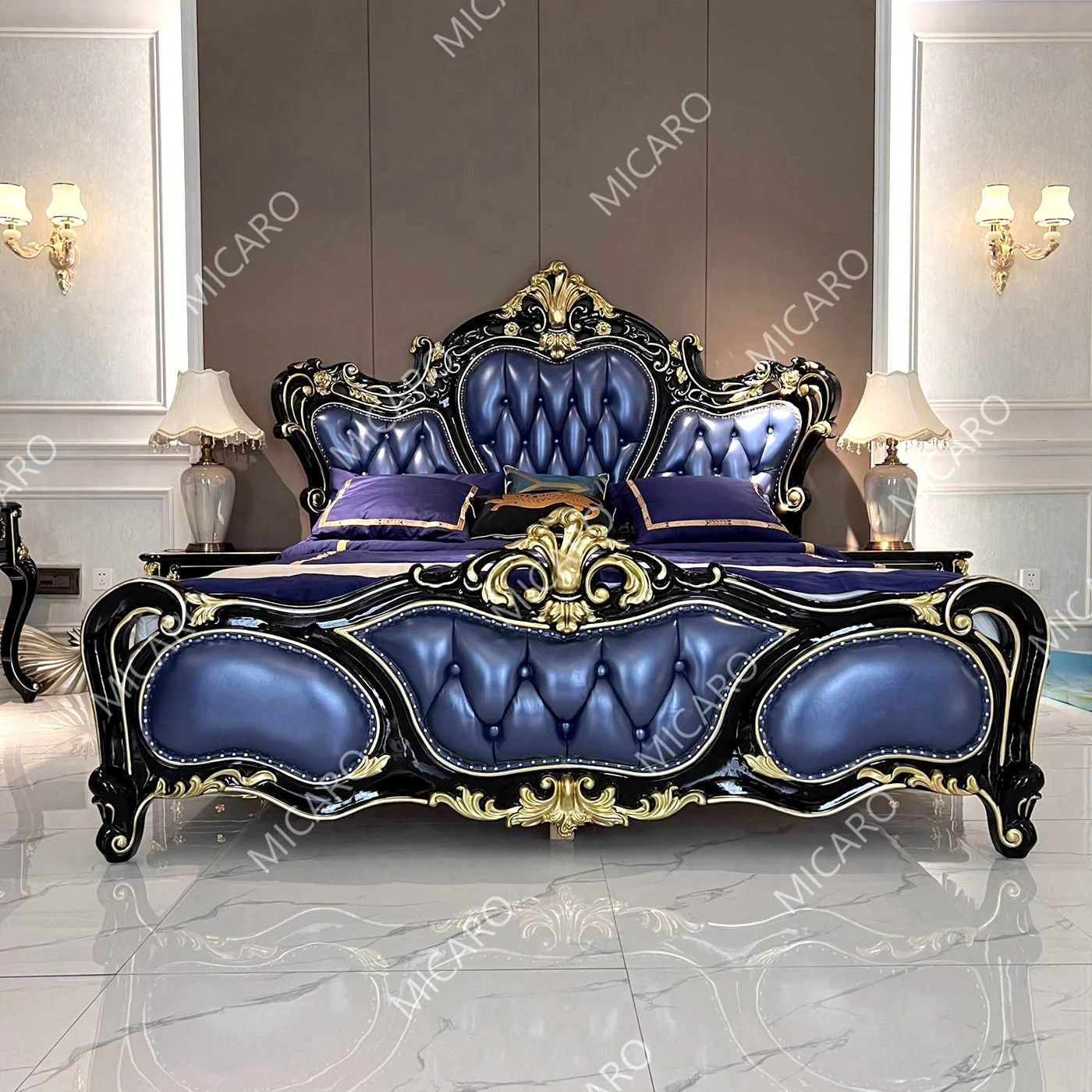 Luxury French classic furniture black ebony color solid wood antique bedroom set