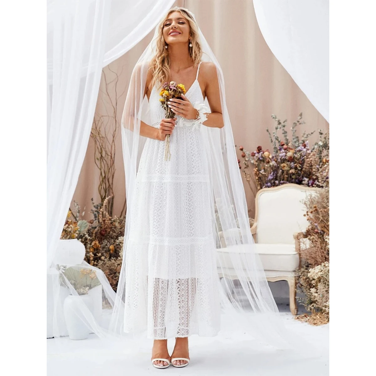 Новинка, модное, популярное, оптовая продажа, низкая цена, 100% хлопок, однотонное гипюровое кружевное свадебное платье без вуали, летнее платье