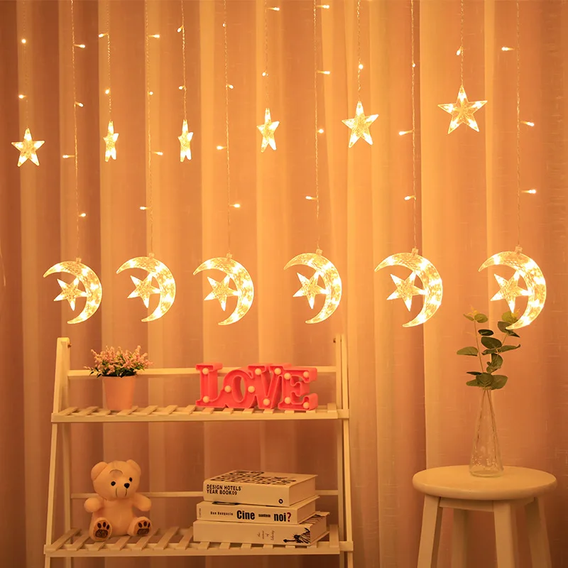 Twinkle Star 138 LED Star Moon Indoor String Lights USB Window Curtain Lights 8 Flashing Modes Christmas Ramadan Decorations