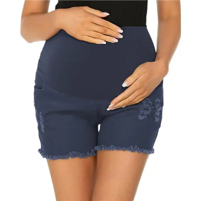 China Manufacturer Elastic Waist Women Ripped Denim Workout Maternity Shorts