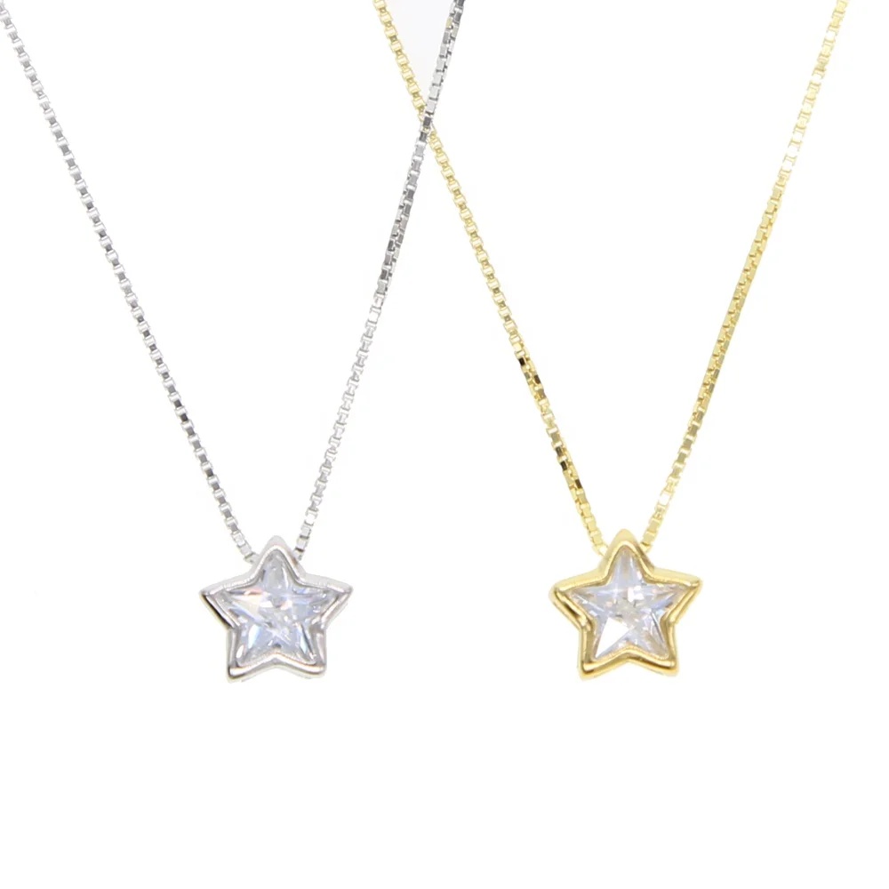 italy silver chain box delicate chain with star cubic zirconia cz single stone star pendant necklace