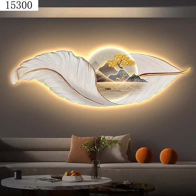 Feather mural with light diamond paintings laser engraving crystal porcelain painting wall art home decor
