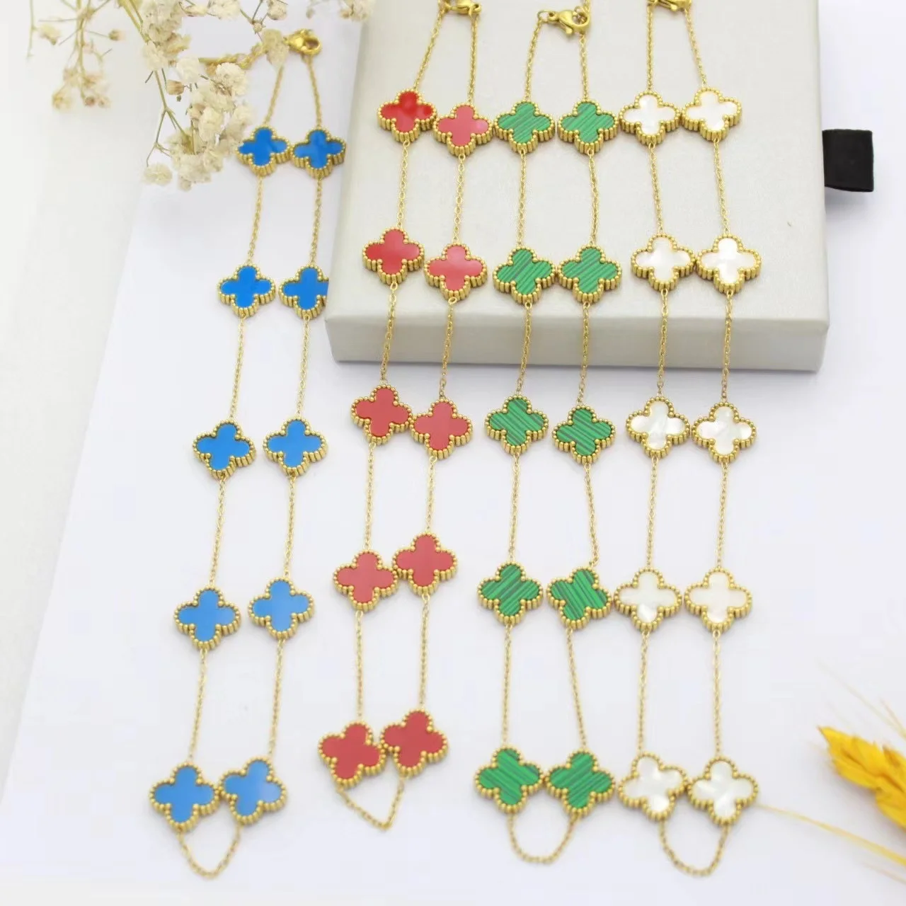 10 Flower Sweater Chains 18K Gold-Plated Stainless Steel Jewelry Double-Sided Four Leaf Clover Necklace 40+5Cm