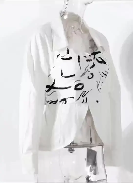 Two Piece Set Women Blouse Corset Shirt Black Printed Pattern Corset Attached White Blouse Full Short Adults High Street Support
