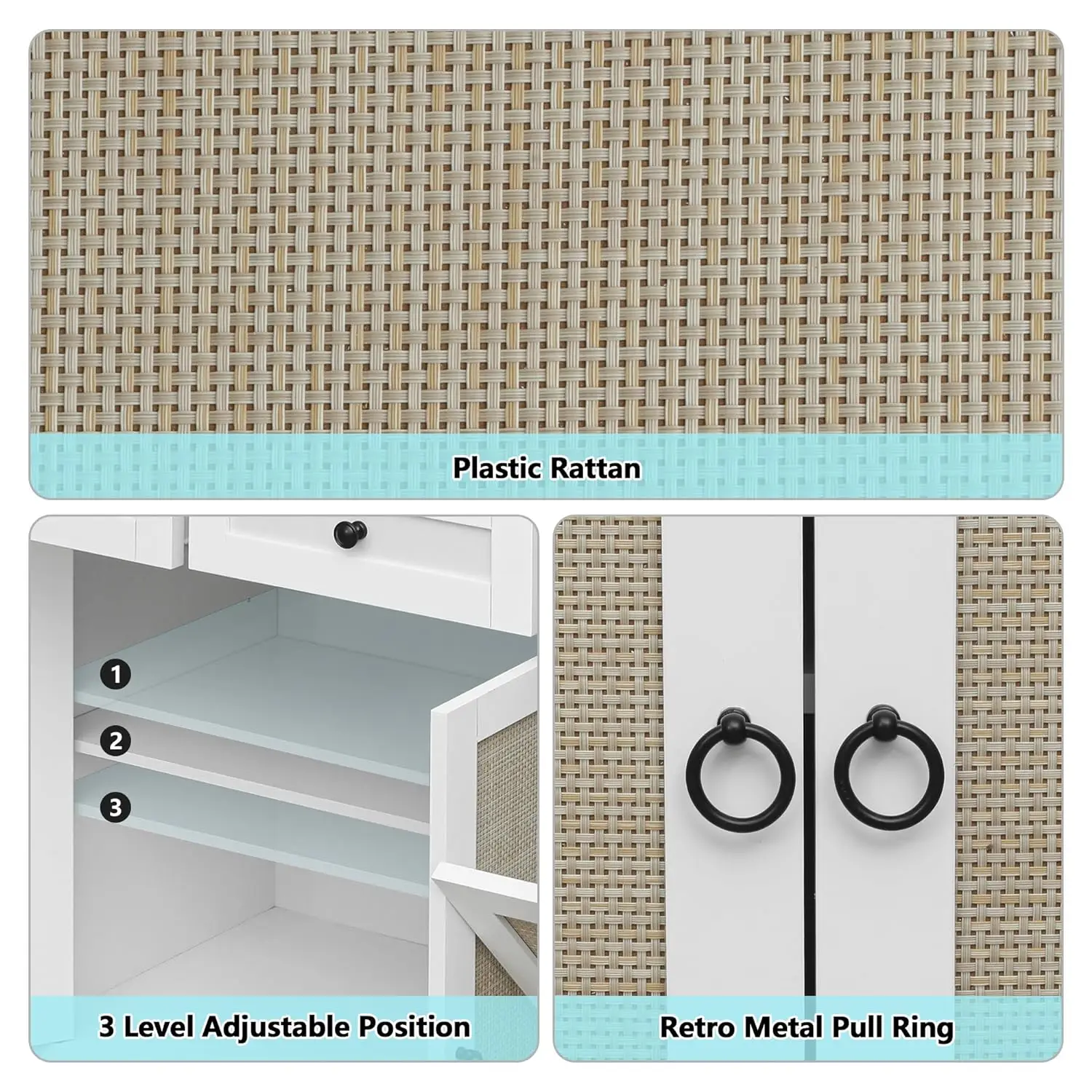 Tilt Out Trash Cabinet Rattan Kitchen Trash Can Cabinet with 3 Drawer and 2 Door Wooden Freestanding Storage Cabinet for Kitchen