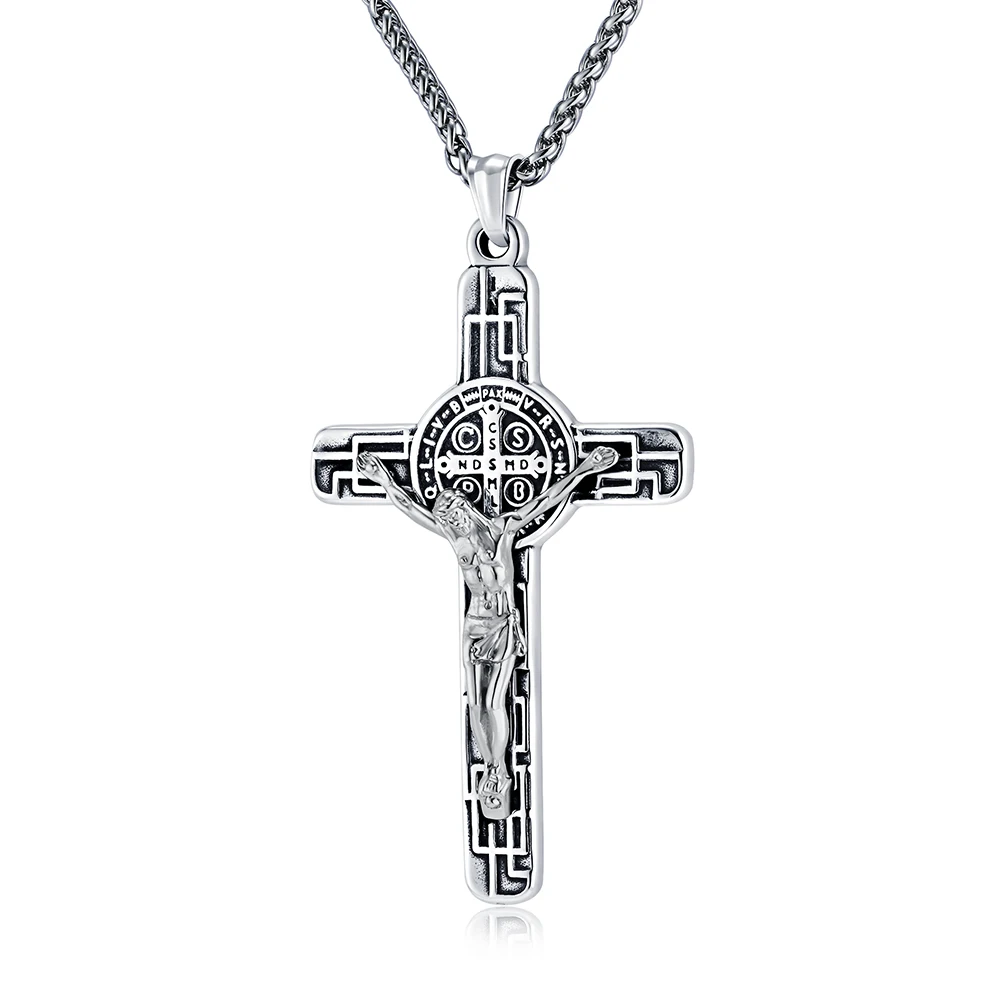 Vintage Punk Stainless Steel Two Tone St Benedict Jesus Big Pendant Necklace Women Men Religious Christian Gift Jewelry