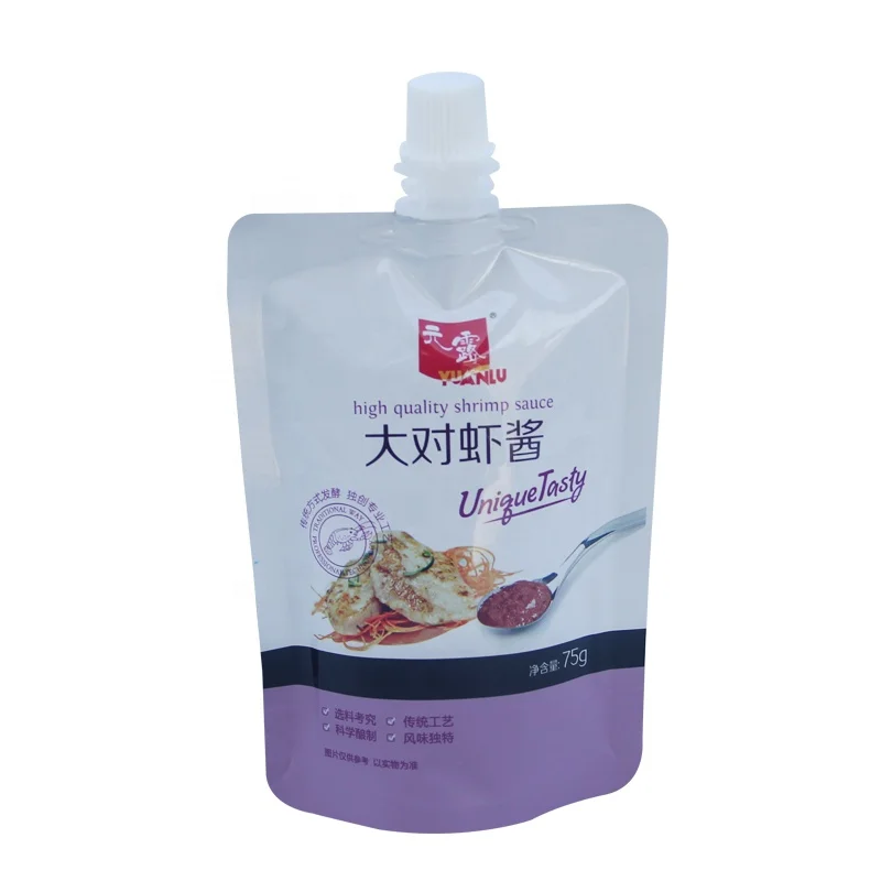 customised packaging plastic large prawn paste sauce packaging aluminum foil stand up pouch with spout