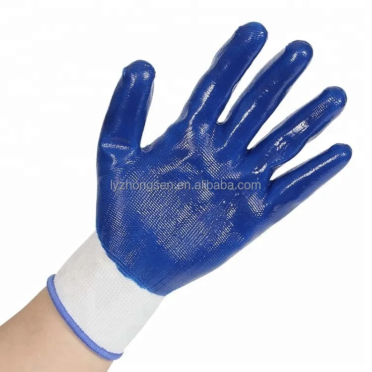 Cheap 13G Blue Polyester Knit Work Nylon Nitrile Coated Gloves