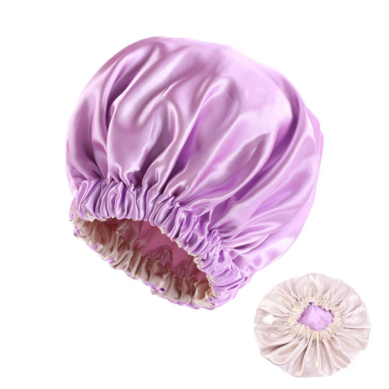 HaoKey Large Reversible Double Layer Silk Satin Shower Cap Sleep Hat Hair Care Elastic Bonnet