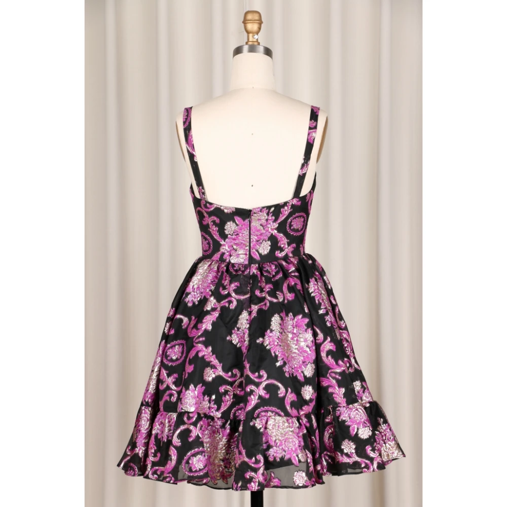 A line Straps Flower pattern satin brocade jacquard fabric wedding dress Sleeveless horsetail backless Printed Silk satin dress