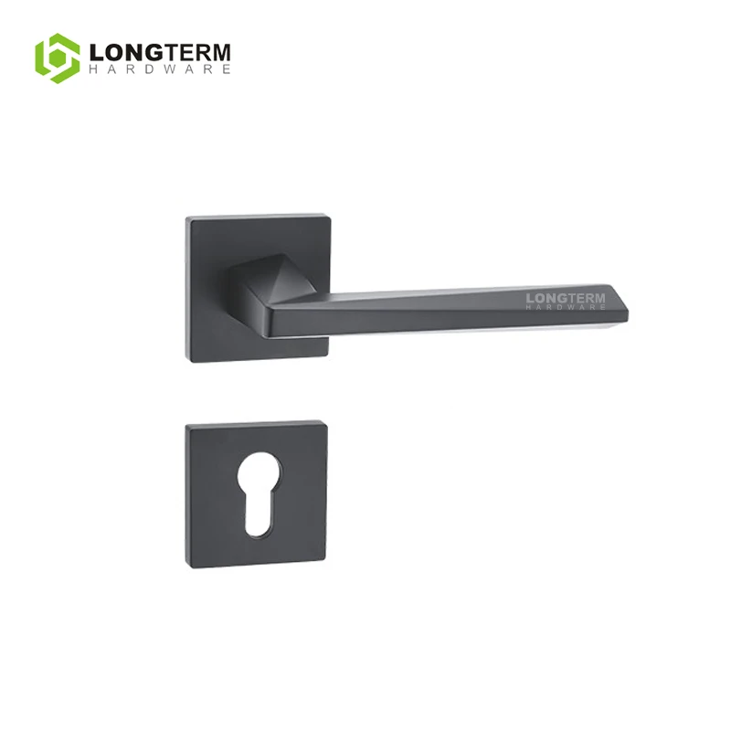 Modern Door Hardware Square Rosette Zinc Alloy Room Black Door Lever Handle Interior Silent Privacy Lock Mortise Door Handle