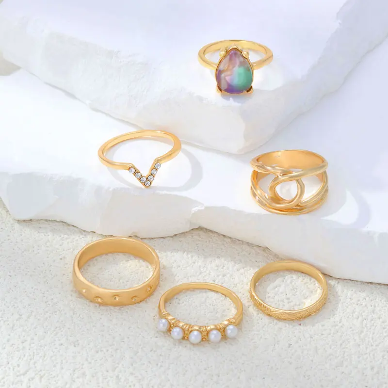 CDD French Elegant Pearl Geometric Knuckle Rings Set for Women Charm Finger Ring Female Boho Party Jewelry