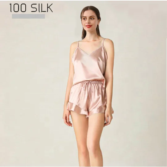 Silk Nightwear  Luxury 6A Pure Satin Silk Sleepwear Pajamas Short Sleeve Pants 100%  Silk Top with Short Set for Women