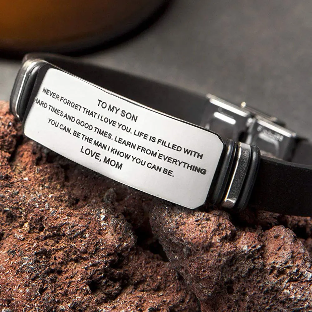 GJB141 Classic to my son message accessories plain custom 316l stainless steel hand bracelet silicone wristband rubber religious