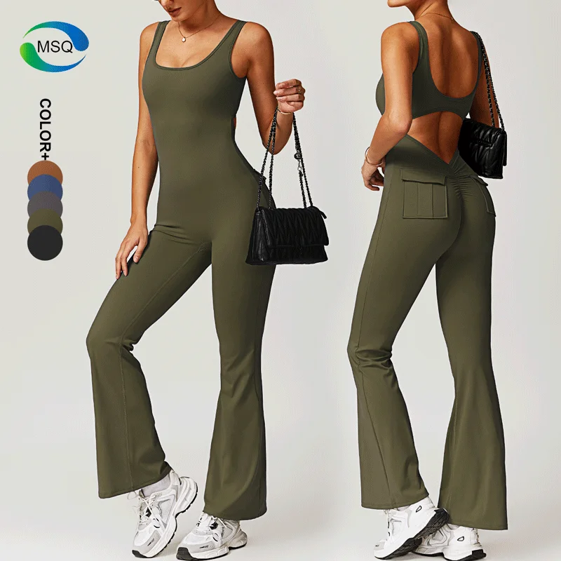 Custom Logo gym Clothes Pockets Scrunch Butt Workout Bodysuit flare pant One Piece Gym Fitness Jumpsuits Yoga Jumpsuit For Women