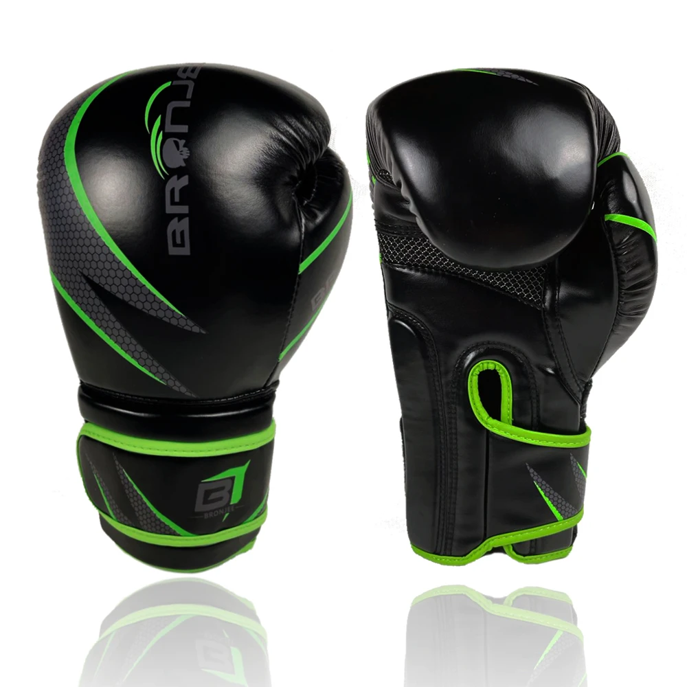 Factory Custom Professional Black Leather Green Color Weight Material Boxing Gloves