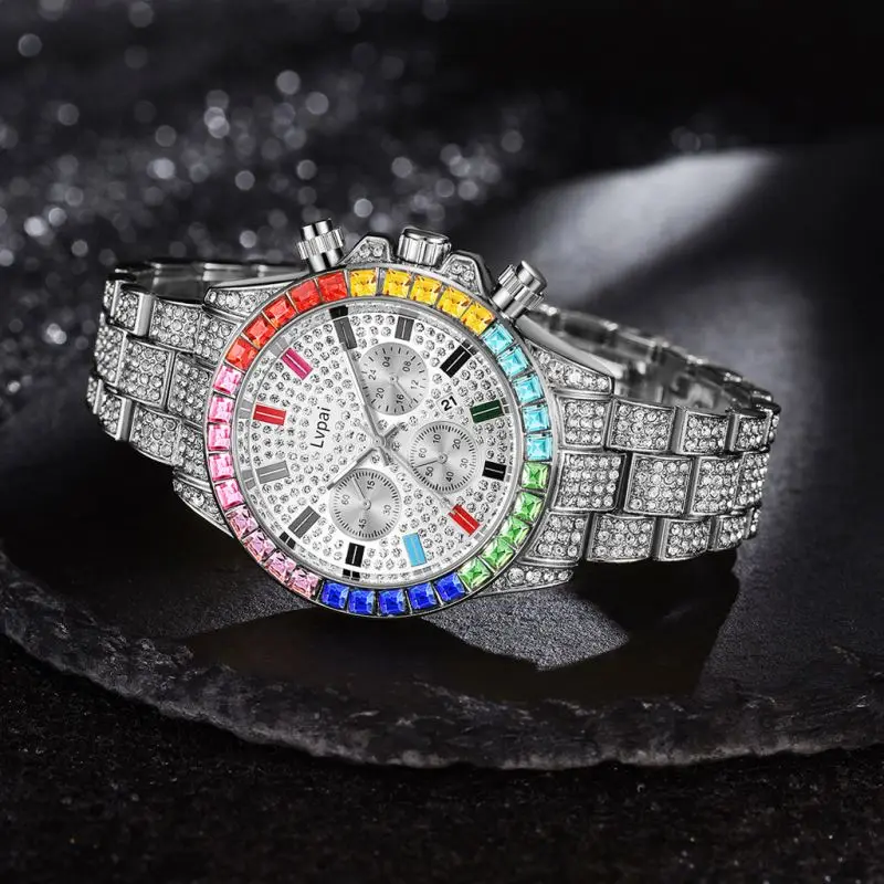 Изготовленный на заказ логотип мужские три оттенка полная Алмазная необычные цвета Роскошные туфли-лодочки платформе с часы наручные для