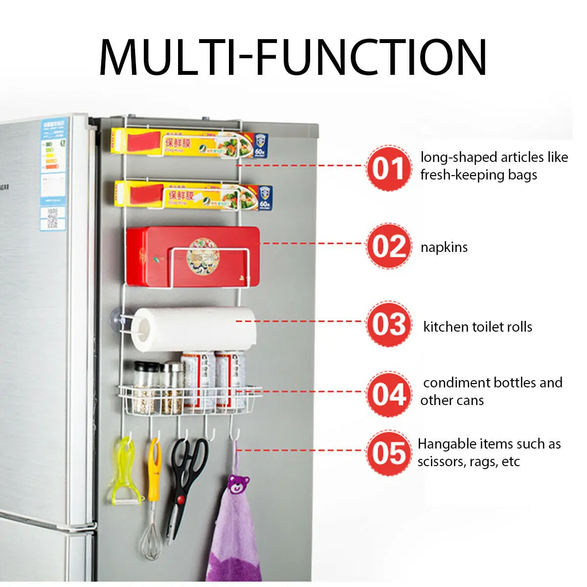 5 Tiers Iron Metal Wall Mounted Kitchen Mount White Freezer Door Spice Rack Cabinet Organizer