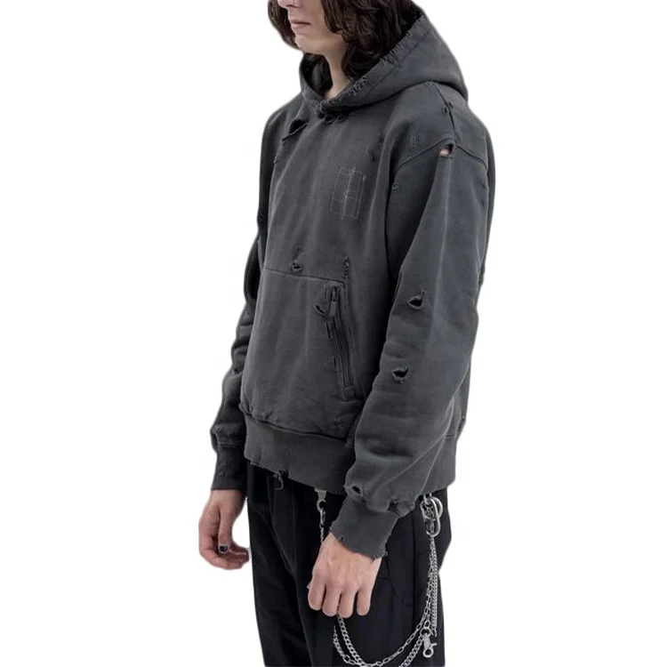 Finch Garment custom distressed hoodie heavyweight pullover vintage hoodie hip hop ripped men sweatshirt