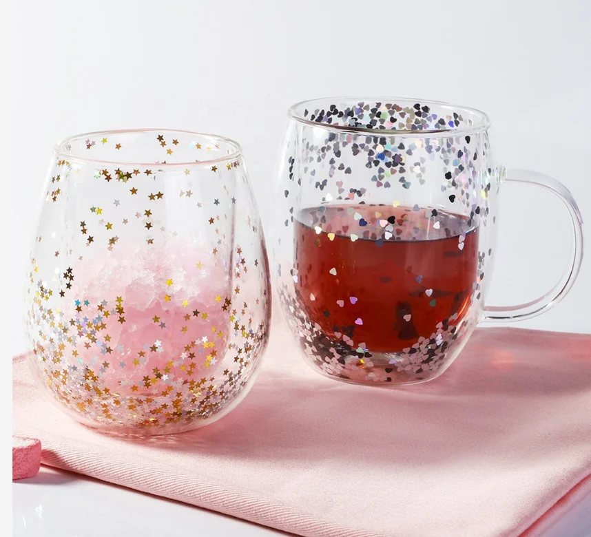 Hot Sales Insulated Sparking Star Double Wall Coffee Tea Mug Glass Cup with Handle