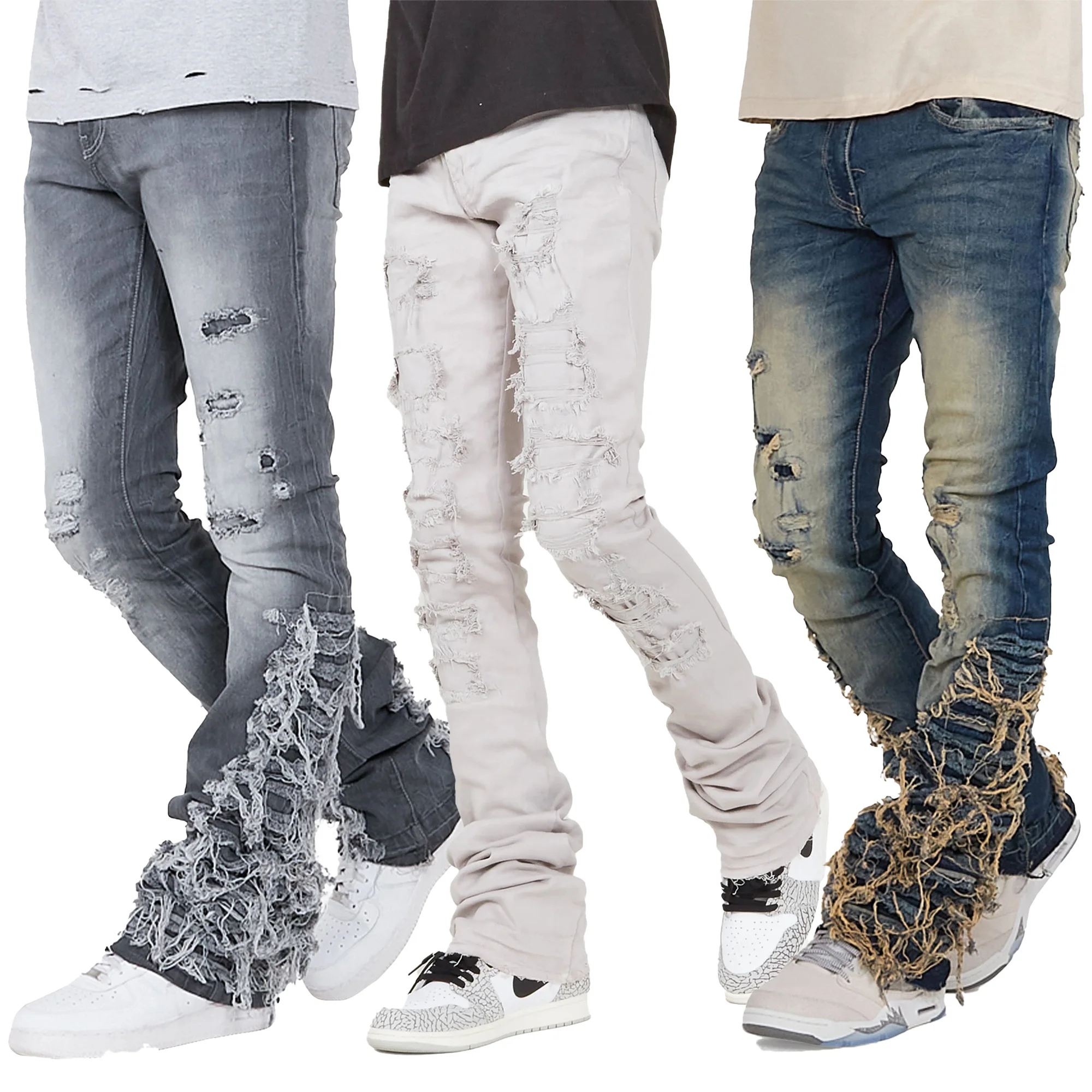 Gingtto Stacked Jeans Men Flare White Gray Ripped Jeans Stretch Straight Stacked Jeans Men