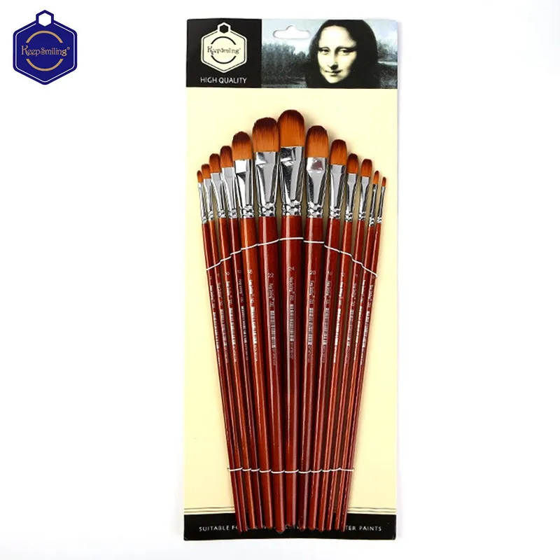 Keep Smiling 13pcs Round Long Handle Nylon Hair Acrylic Paint Brush For Acrylic Oil Watercolor