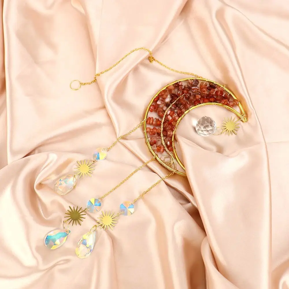 Natural Crystal Crushed Stone Life Tree Moon Sun Catcher Pendant Wind Chime Decoration Pendant Crystal Sun Catcher