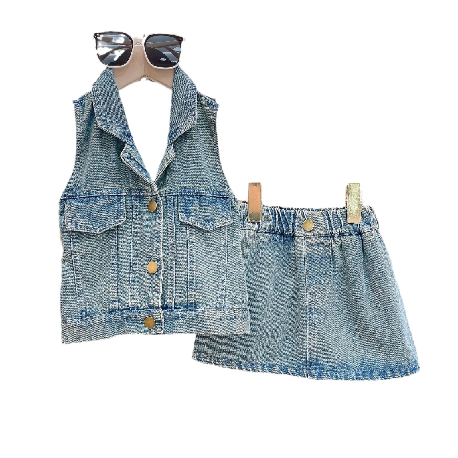 2024 New style summer toddler girls clothing set sleeveless halter denim top + jeans skirt 2 pcs outfit for girls