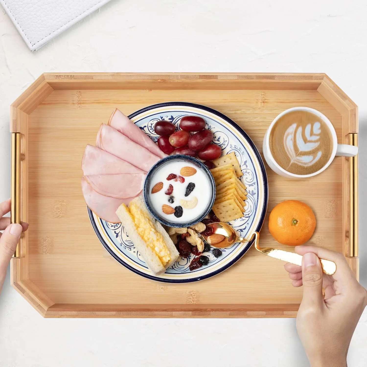 Custom bamboo wooden serving breakfast trays with ergonomic & aesthetic metal handles for milk coffee