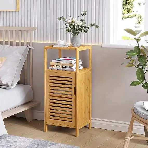 Bamboo Cabinet Bathroom Storage Cabinet with Single Door and Shelf, Freestanding Bathroom Cabinet, Kitchen Cupboard