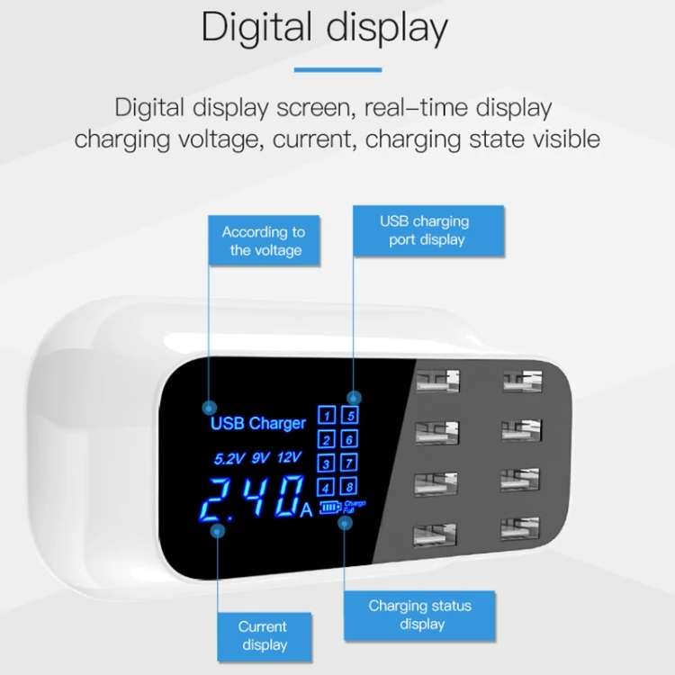 YC-CDA19A 8-портовый USB многофункциональный 40W интеллигентая (ый) цифровой дисплей Быстрая зарядная док-станция штепсельная вилка европейского стандарта