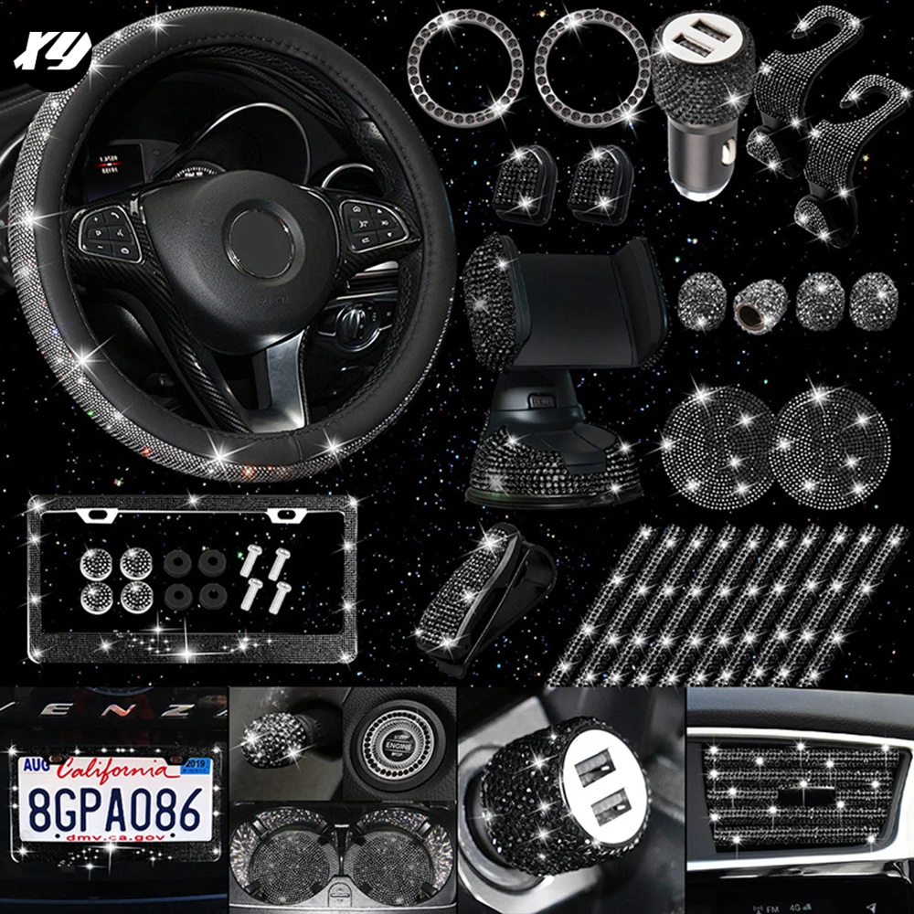 Crystal Interior Decor USB Charger Small Hook Phone Holder License Plate Frame Sunglasses Clip Bling Steering Wheel Covers Set