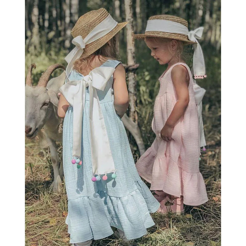 
Everweekend Sweet Kids Girls Ruffles Fashion Dress With Bow Ribbon Pink Solid Color Summer Cotton Linen Western Party Dress 