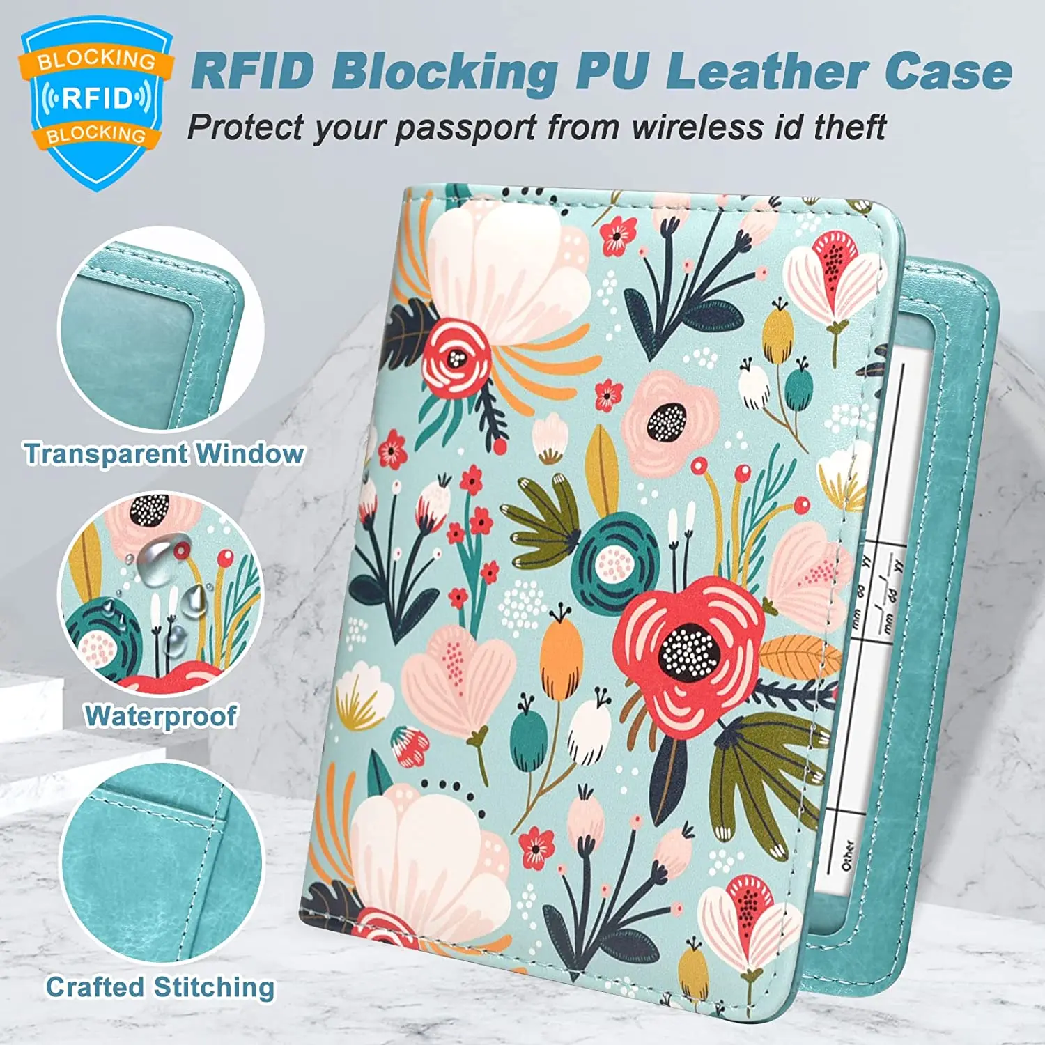 Premium PU Leather Travel Passport Wallet RFID Blocking Documents Organizer with Pen Holder, for Women and Men Hill Flower