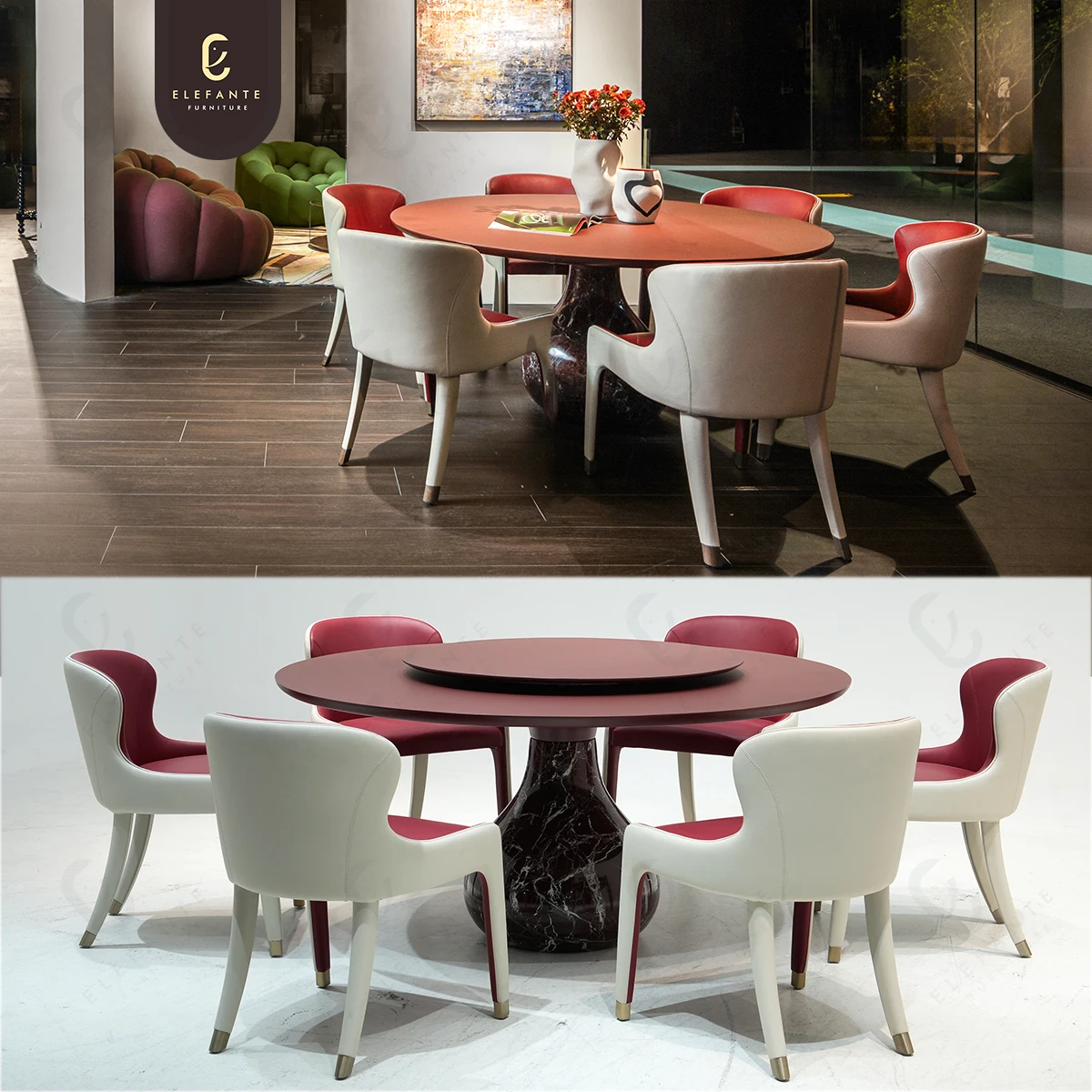 Elefante Round Dining Table Set 6 Seater Phoenix Board Countertop with Marble Stone Base Dining Table