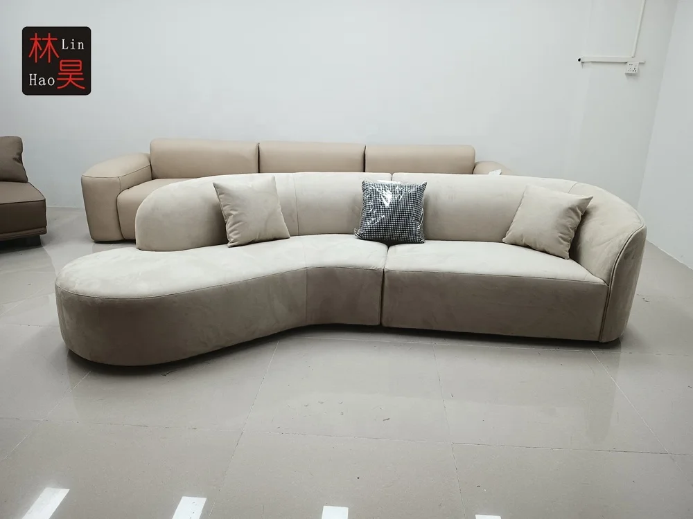 Cream color modern design villa hotel home furniture curved leather microfiber fabric sofa for living room