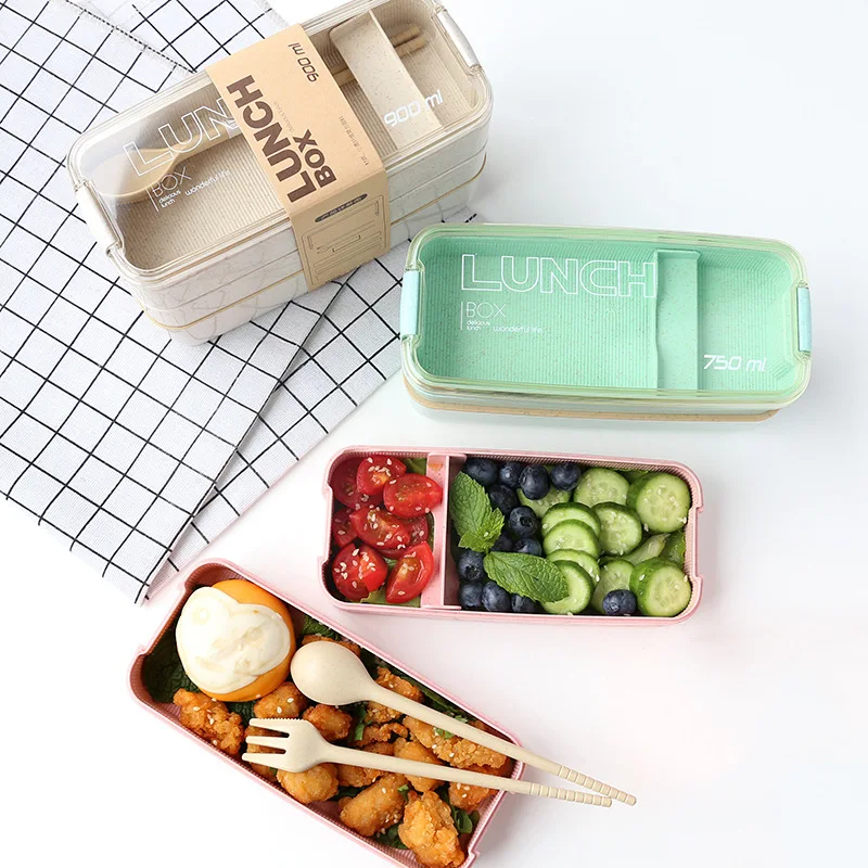 OEM/ODM New Biodegradable Food Container Set Wheat Straw Lunch Bento Box with Tableware for Adults Student