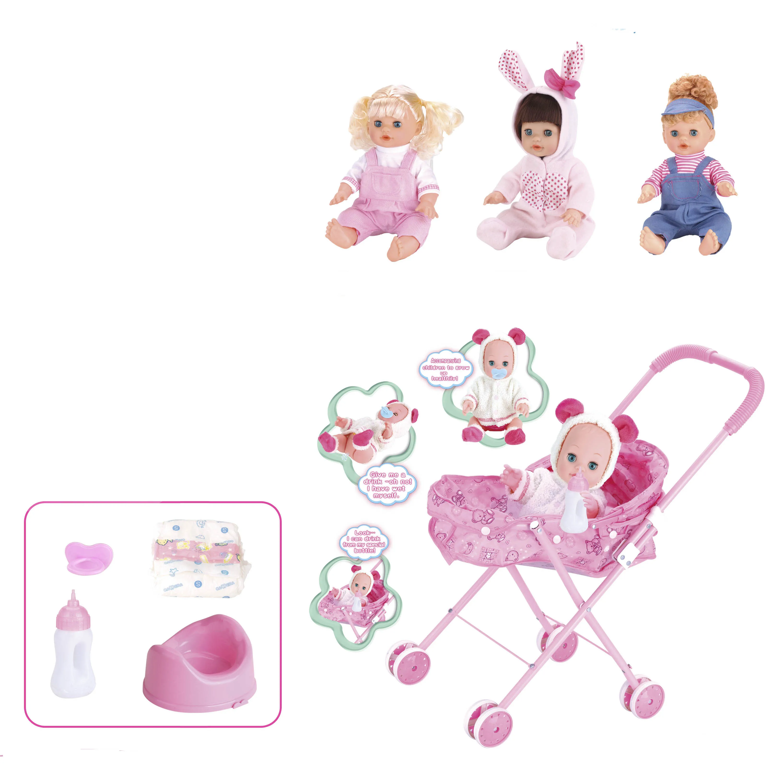 Wholesale iron cart 14 inch drink pee baby doll set with accessory bottle Stroller for kids with IC