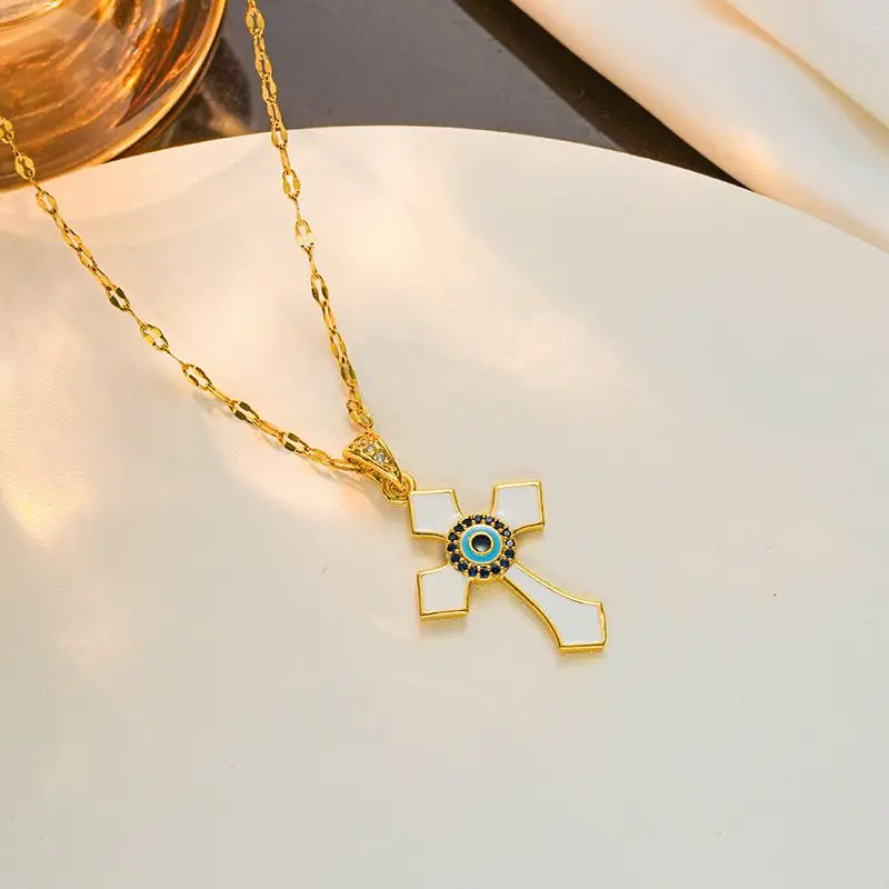 Fashion individuality with colored dripping oil cross stainless steel jewelry personality Hip hop popular zircon necklace