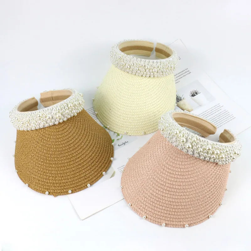 Women Beautiful Straw Visor Hat Cap Summer Beach Pearl Brim Hats For Women Sun Visor